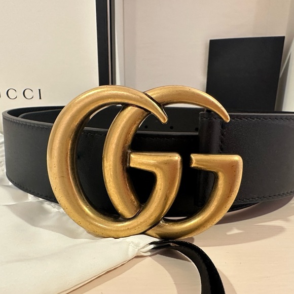 Gucci Women’s 2015 RE-EDITION WIDE LEATHER BELT black and gold Size 80B - Picture 6 of 12